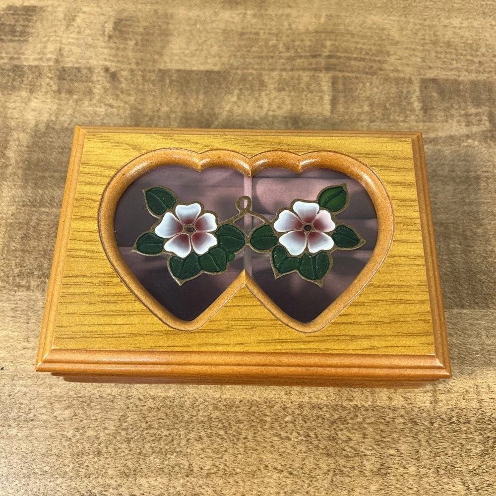 Vintage Wood Wooden Trinket Jewelry Box W/ Flower Blossom Design